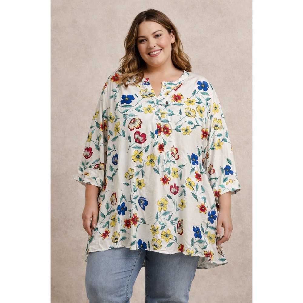 Woman Within Floral Tunic Top Plus‎ Size 1X 22/24 White Multi 3/4 Sleeve Blouse